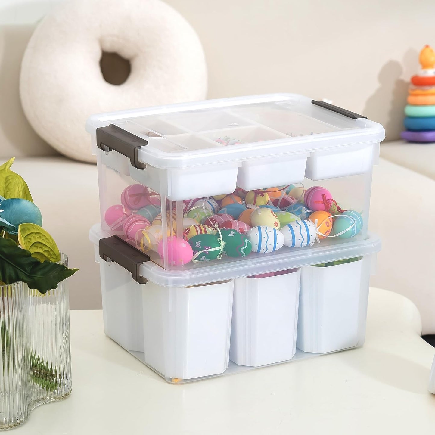 Citylife 17 QT Plastic Storage Box with Removable Tray and 6 Detachable Tall Inserts Craft Organizers and Storage Clear Storage Container for Organizing Crayon, Craft, Sewing, Playdoh, 2 Packs