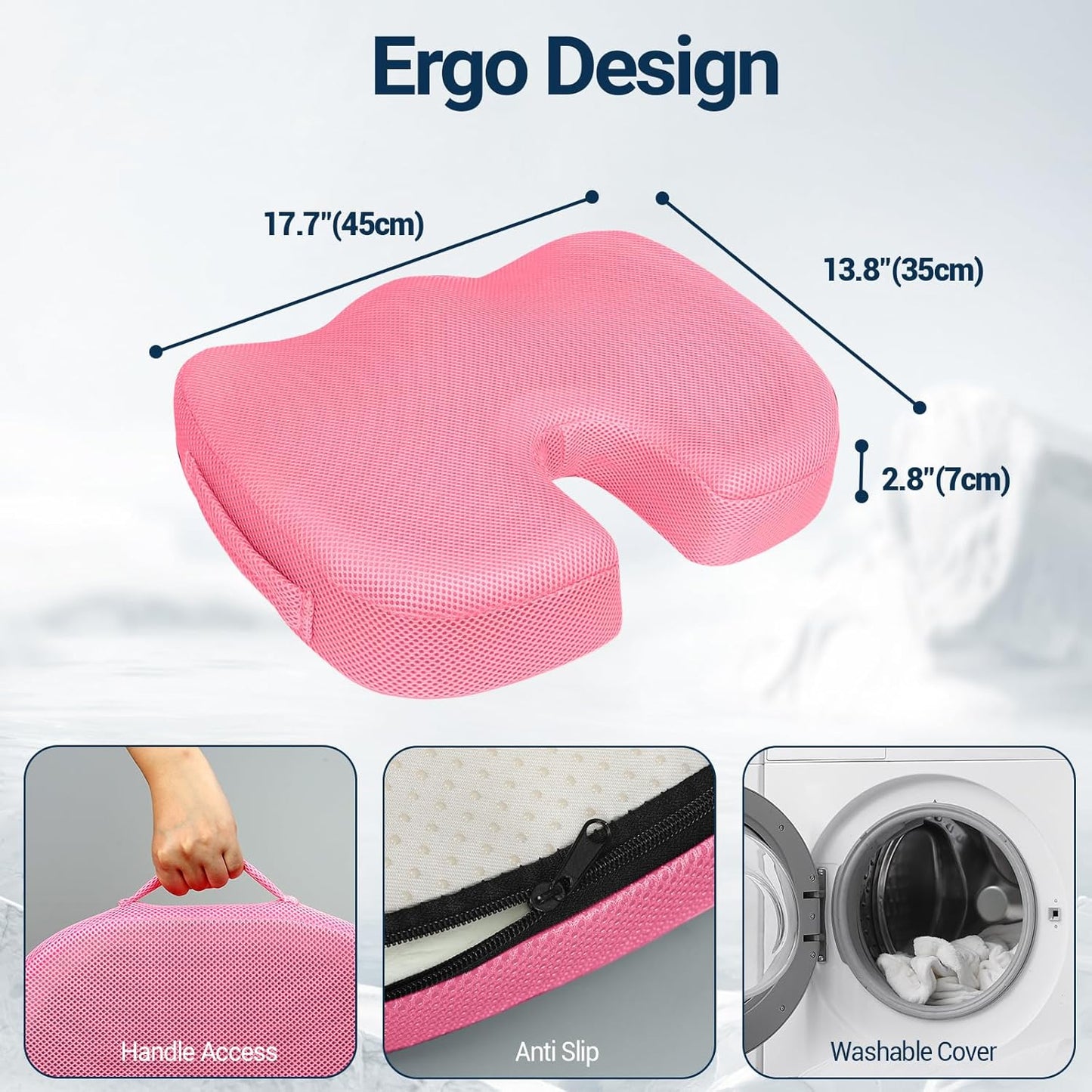 Gel Seat Cushion for Car Office - Memory Foam Pain Relief Chair Pillow Cushions - Tailbone Sciatica Coccyx Butt Lumbar Support Pad for Sitting Driving Traveling, Mesh, Pink
