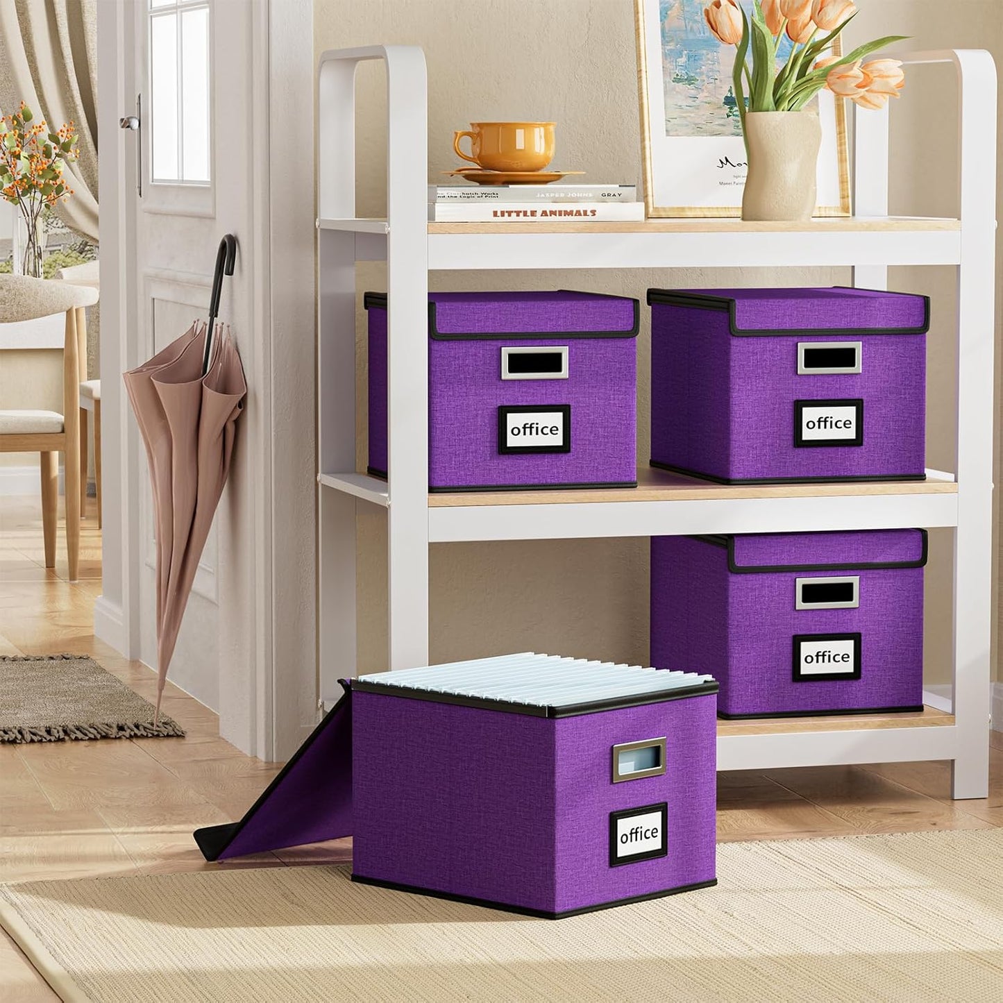 Huolewa File Organizer Box with Lid, Collapsible File Folder Organizer for Office Document Storage, Filing Box with Plastic Slide for Letter/Legal Size Hanging Files, Purple