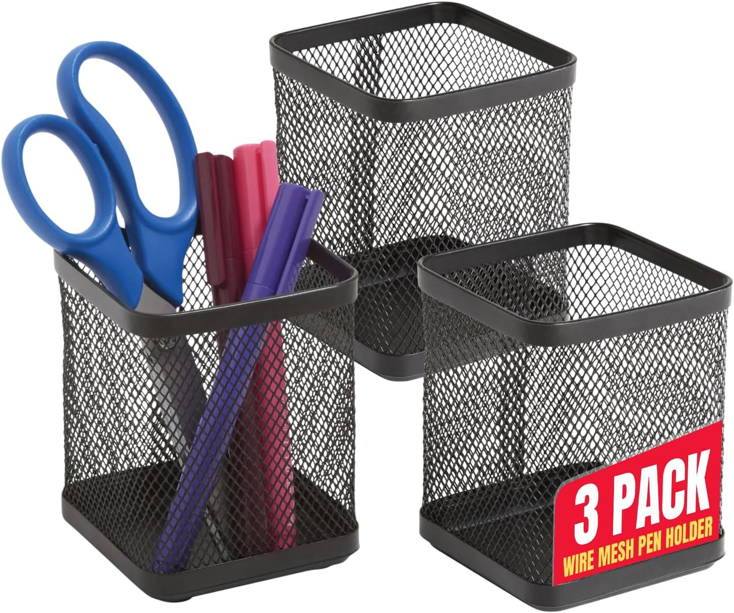 1InTheOffice Pen Holder Cup for Desk, Wire Mesh Cup, Pencil Holder Metal, Pencil Organizer Matte Black 3/Pack…