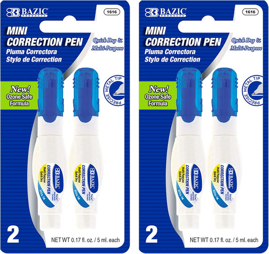 BAZIC Correction Pen (0.17oz/5 ml), Precise Metal Tip Applicator, Mini Fine Point Corrections Fluid, Squeeze White Out Wipe Out Liquid (2/Pack), 2-Packs