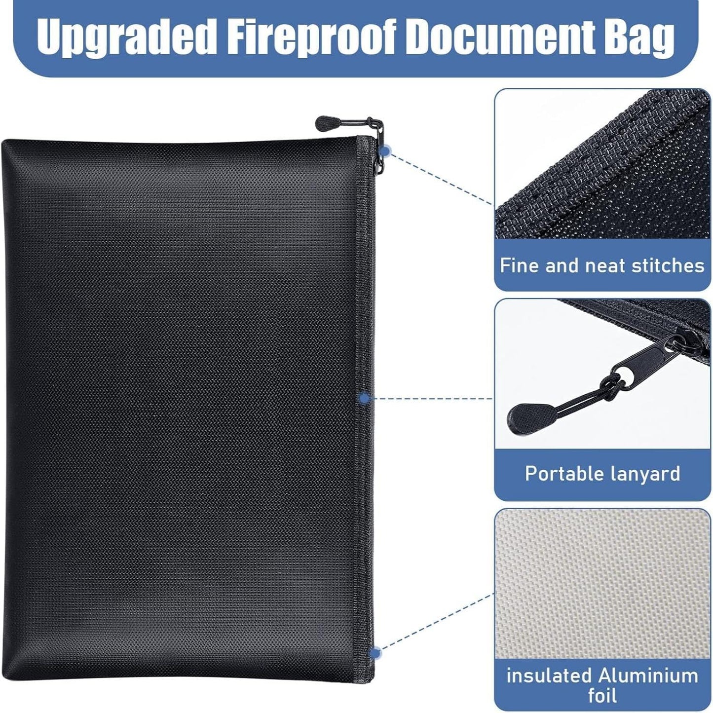 Epakh 2 Pack Fireproof Document Bags 13.4 x 9.4 Inch Waterproof and Fireproof Money Bag Document Holder with Zipper Fireproof Safe Storage Bag for A4 Documents, Money, Passport and Tablet
