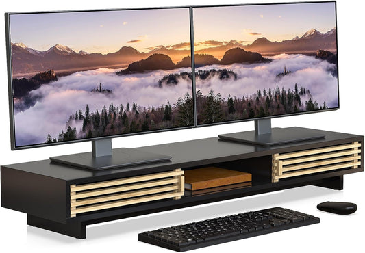 Dual Monitor Stand Riser with Sliding Door, Double Computer Laptop Stand Desk Shelf Organizer with Storage (Black + Natural Bamboo, 38 Inch)