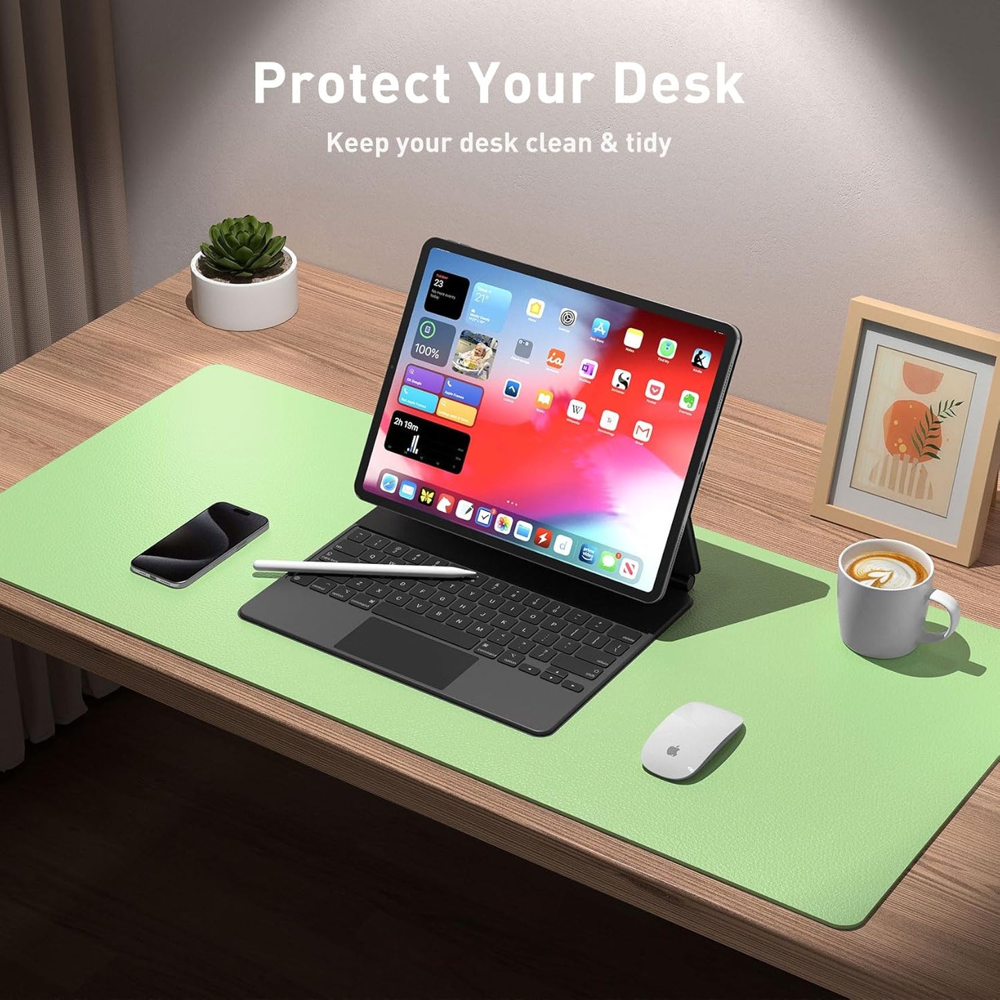 Aothia Leather Desk Pad Protector, Office Desk Mat, Large Mouse Pad, Non-Slip PU Leather Desk Blotter, Laptop Desk Pad, Waterproof Desk Writing Pad for Office and Home (48"x17", Foam Green)
