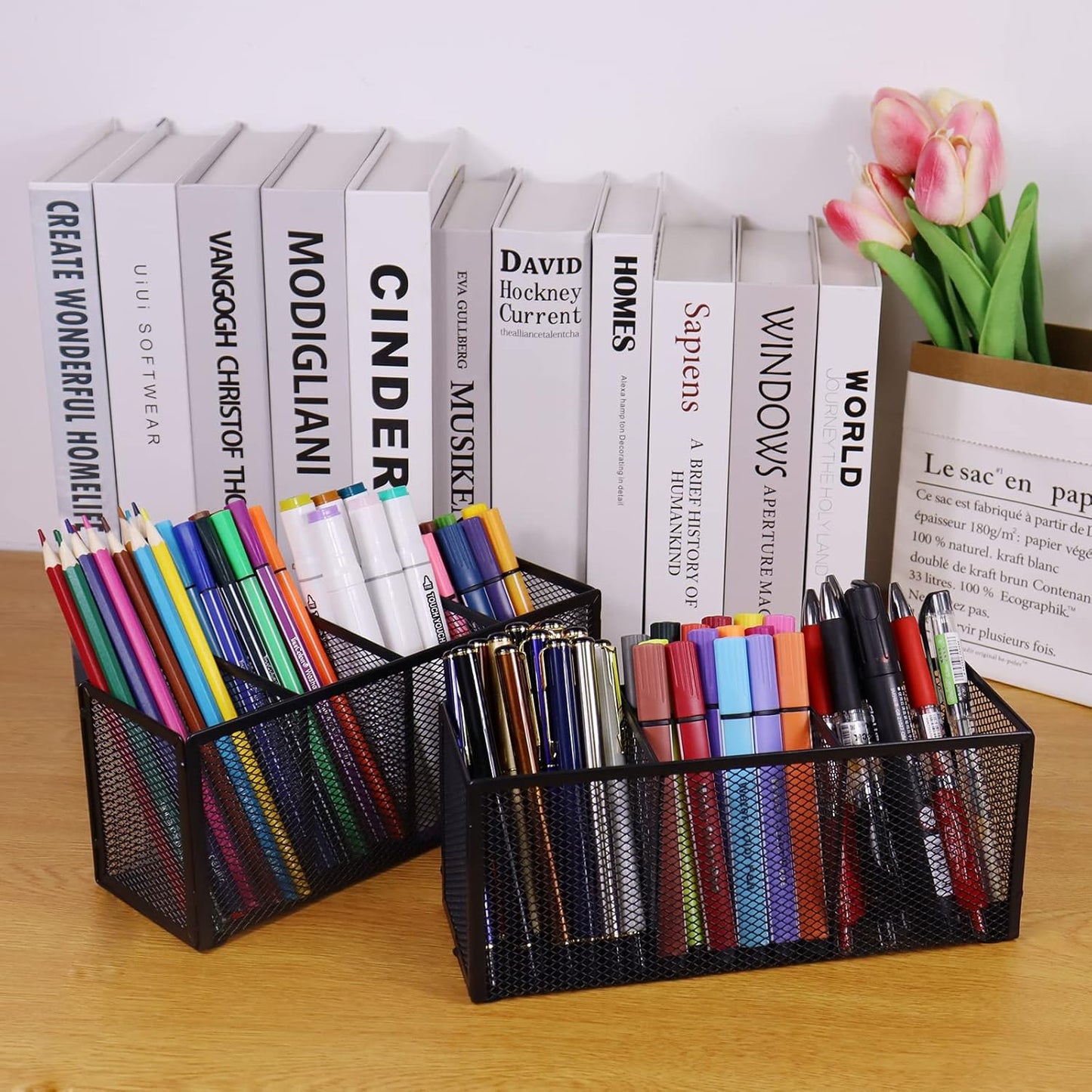 2PCS Black Mesh Pen Pencil Holder, Small Metal Desk Organizer Desktop Stationery Office Supplies Acessories Storage Stand, 3 Compartments Brushes Holder for Home School Classroom Teachers
