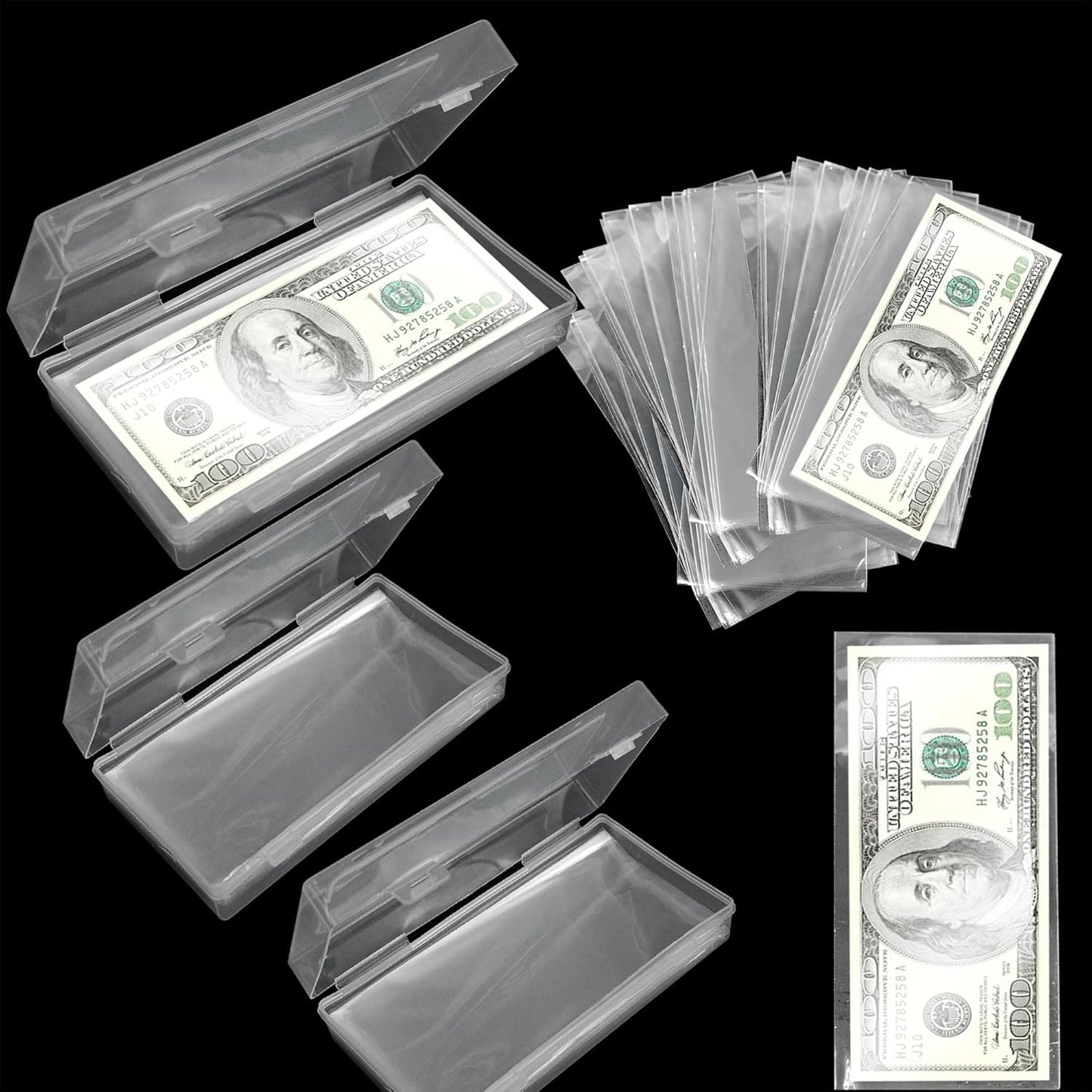 300 Pieces Clear Paper Money Sleeve for Bill, Individual Dollar Bills Sleeves for Collectors, Paper Currency Sleeves Protector for Bills with Plastic Storage Case