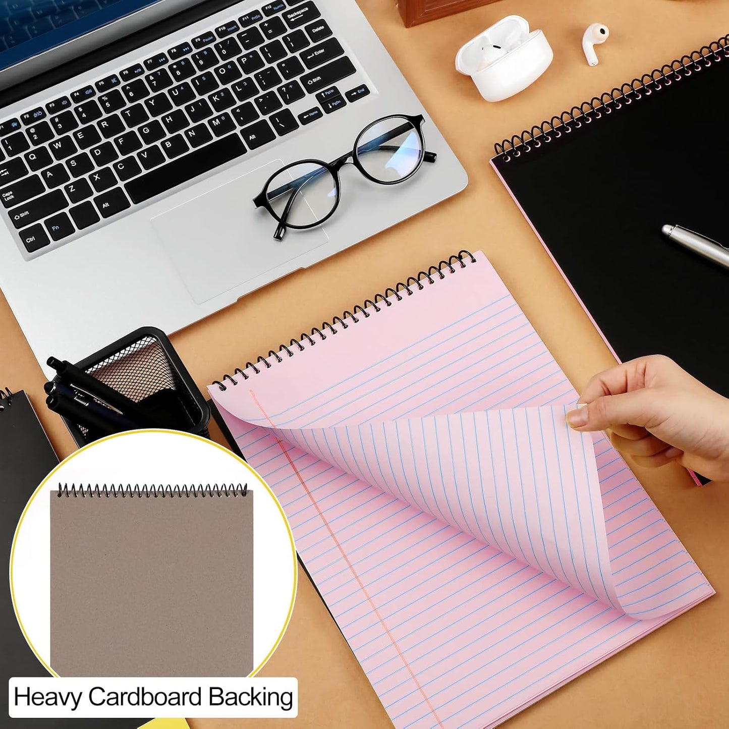 6 Pcs Legal Pad Top Spiral Bound Notebook 70 Sheets Wirebound Notepad Double Sided Ruled Memo Steno Pad with Stiff Back Cover for Business(8.5 x 11 Inches,No Holes,Pink)