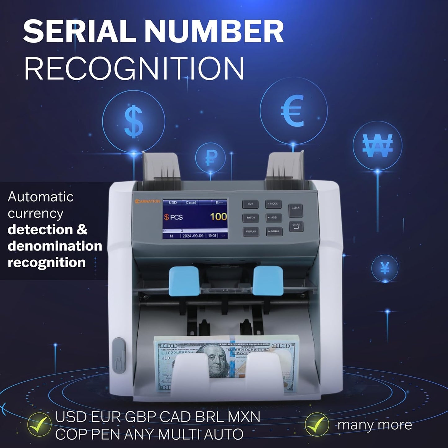 CARNATION CR1450 Multi-Currency Bill Counter and Sorter with Counterfeit Detection - Money Counter Machine with MG, IR, MT, UV & CIS Image Recognition