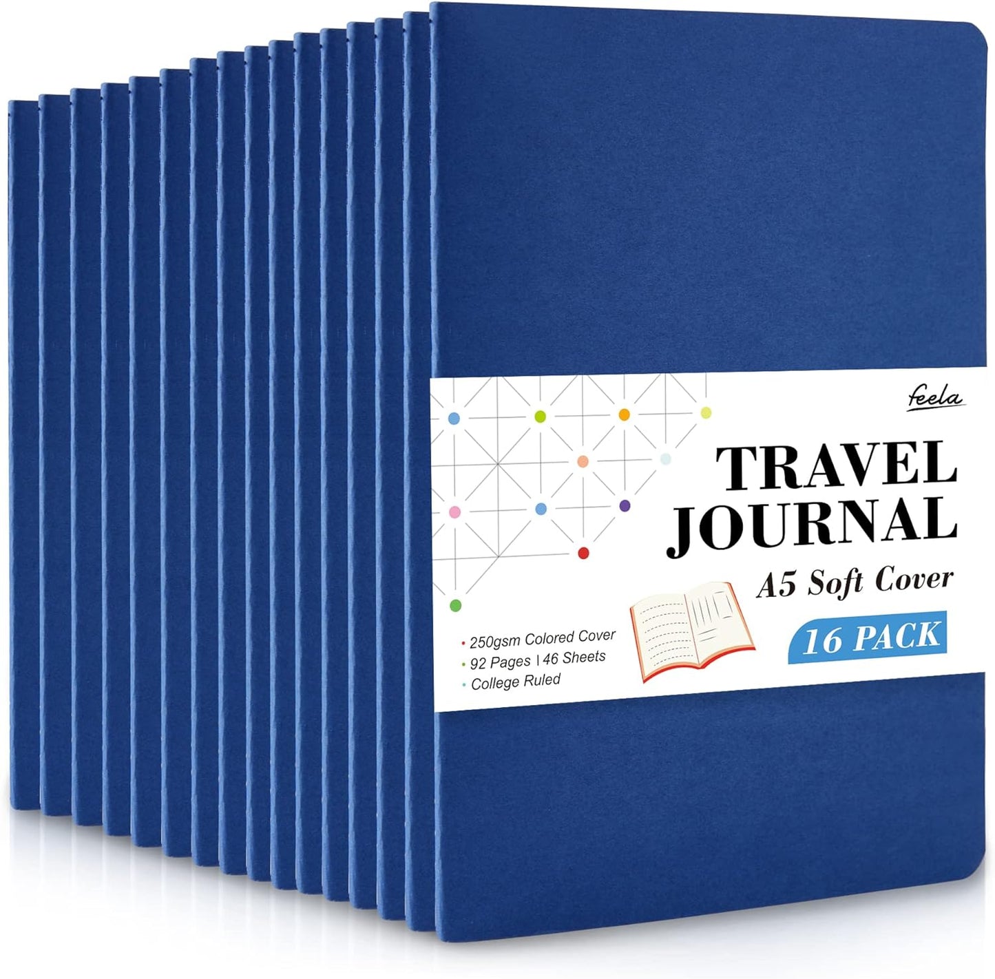 feela 16 Pack Soft Cover Journal Bulk, Lined Notebooks College Ruled for Work for Women Girl Writing, Blank Travel Journal Note Taking Notebook School Business Supplies, 8.2” x 5.5”, A5, Navy