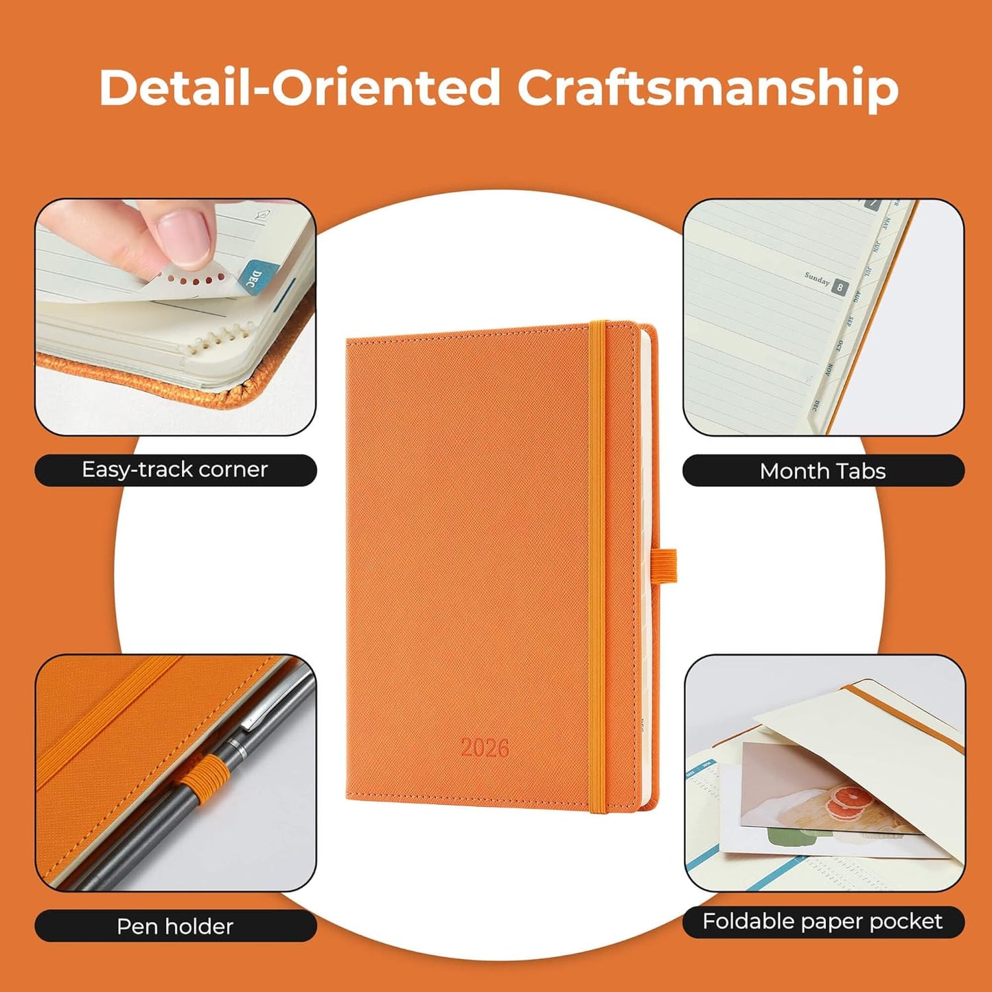 IN-LUXPRO Weekly Monthly 2026 Planner (Jan.26-Dec.26),8.5"x6.5",12 Months Agenda Plan with Month Tabs & Pocket,Expenses/Note Pages, Appointment Book Calendar with Hardcover Vegan Leather Cover,Orange