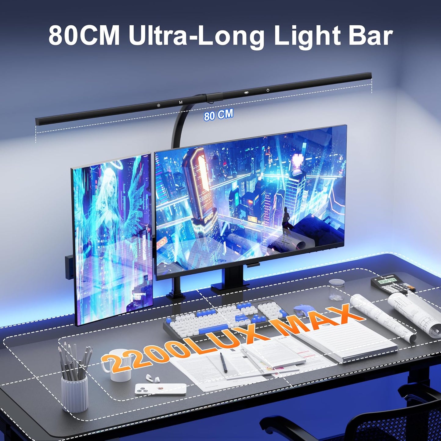 deeloop 80cm Ultra-Long LED Desk Lamps,24W Bright Architect Desk Lamp for Home Office, Infinite Dimming Office Light with Memory Function, Tall Desk Light with Clamp for Reading Working Monitor