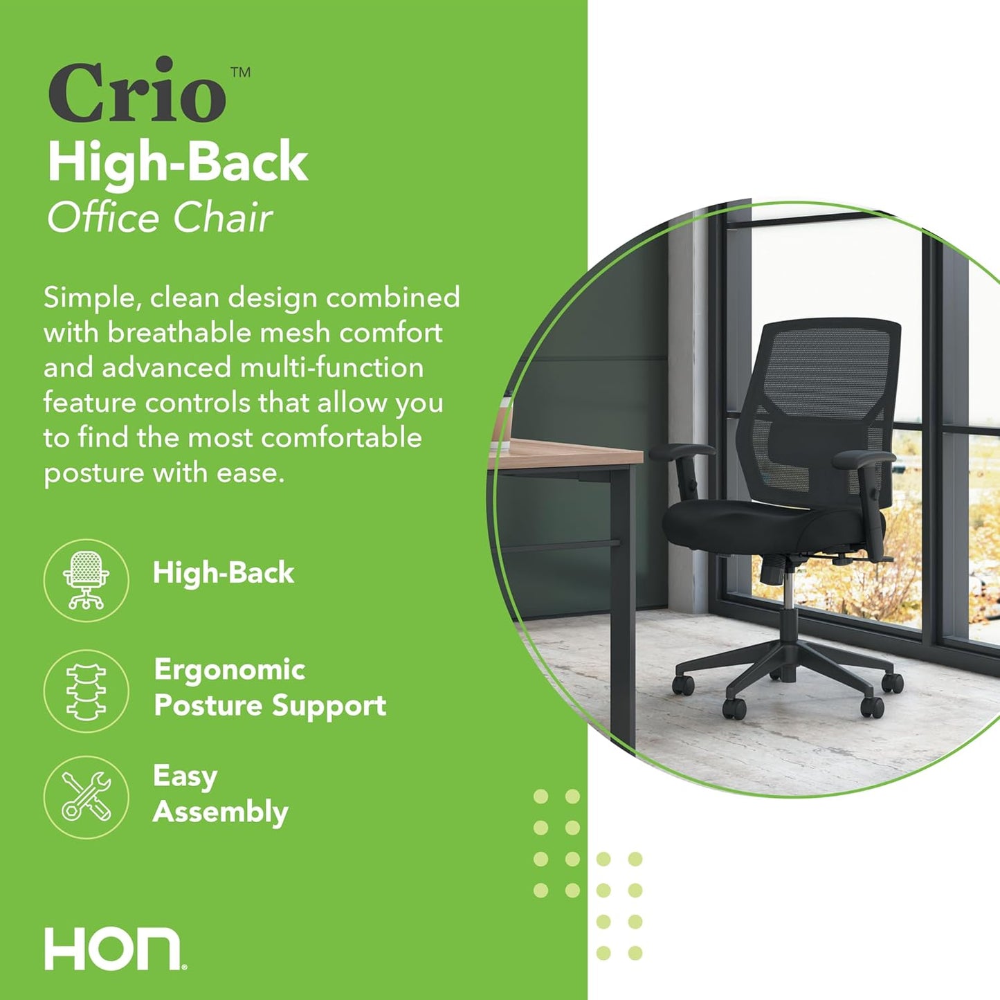HON Crio High Back Task Chair, Ergonomic Office Chair with Adjustable Arms and Back Support, Lumbar Support, 360 Swivel, Adjustable Center-Tilt Recline, for Computers, Desks, Home Office, Black