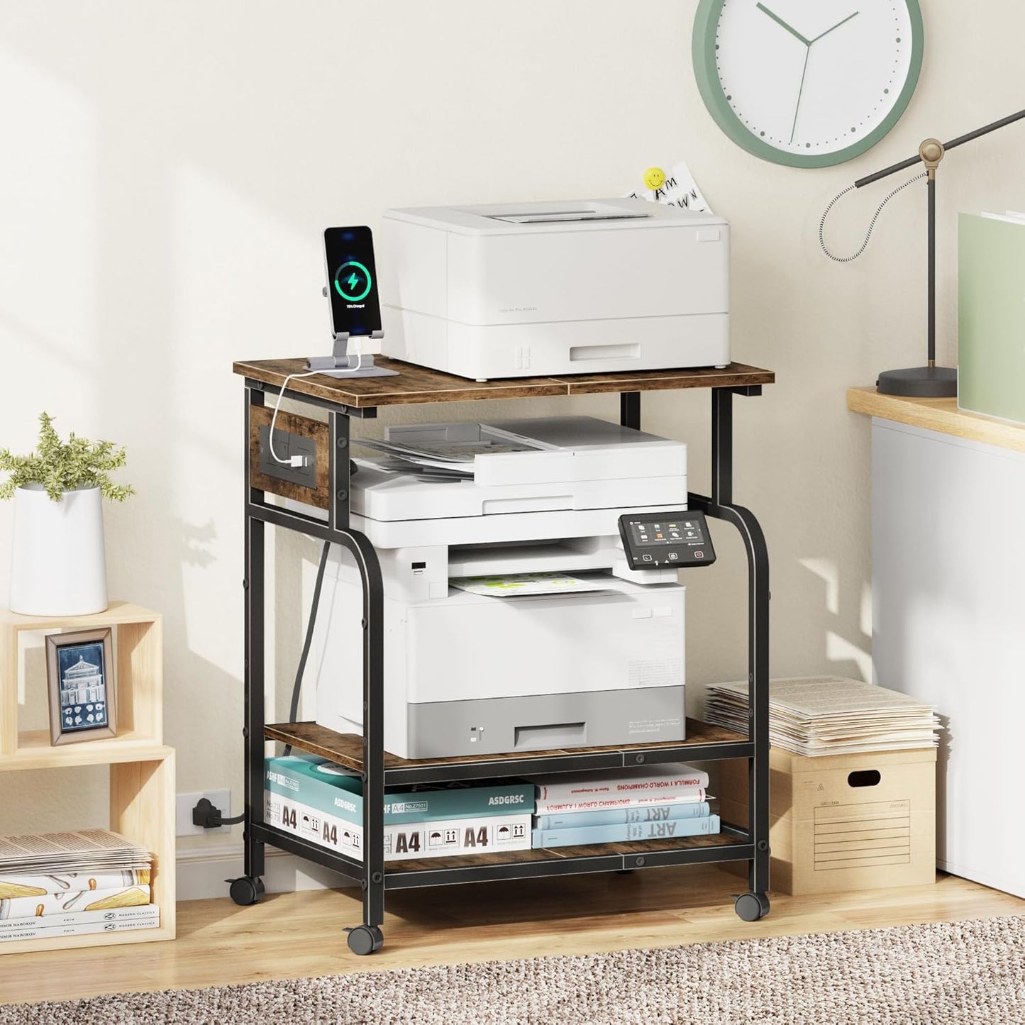 3 Tier Large Printer Stand with Power Outlet/Adjustable Storage Shelf, Rolling Cart with Wheels, Printer Table for Home Office 3D Printer/Heat Press/Laster, 22"×15" Rustic Brown
