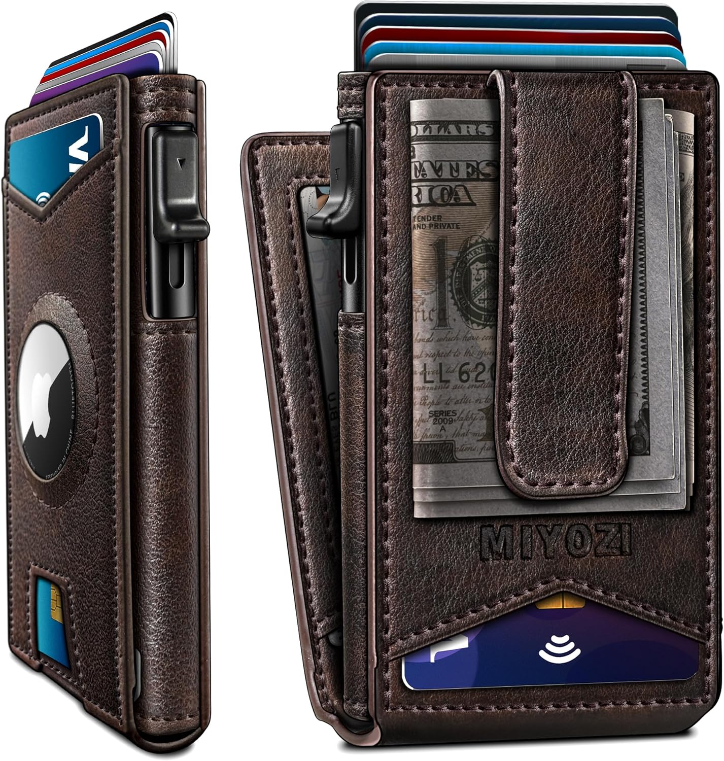 Airtag Wallet for Men,with Money Clip Gift Boxed,Slim Front Pocket Wallet RFID Blocking Metal Case Smart Pop-up Credit Card Holder in Magnetic Leather Flip