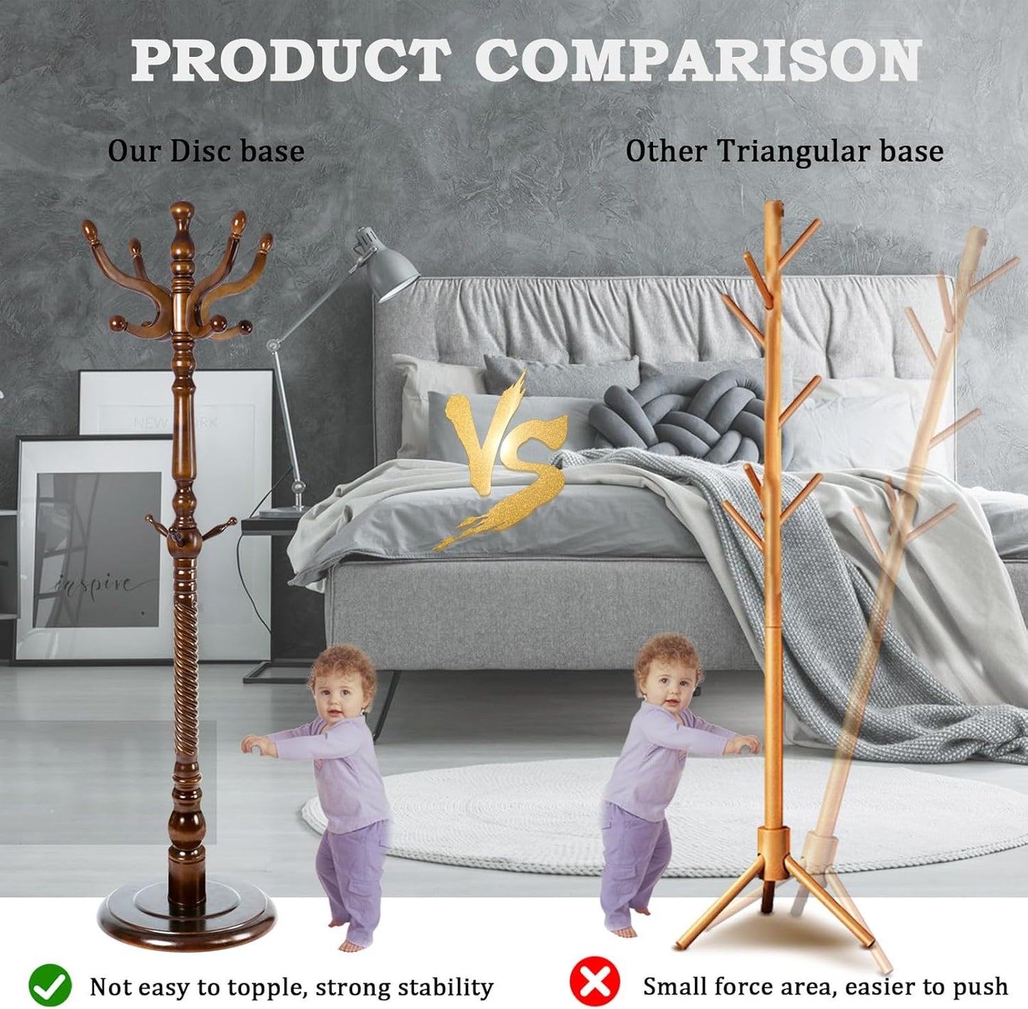 Coat Racks FreeStanding with 11 Hooks, Natural Wood Coat Rack with Solid Round Base, Adjustable Height Coat Racks, Easy Assembly for Hallway, Bedroom and Office (Walnut-Solid Round Base)