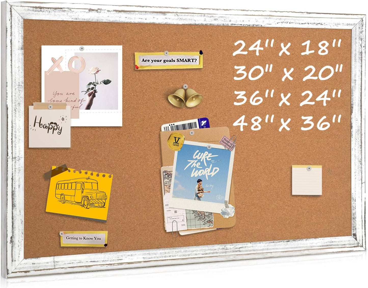 Cork Board Bulletin Board, 30" x 20" Rustic White Wooden Frame Corkboard for Wall, Hanging Vision Board, Pin Board for Home Room Dorm Office Decor