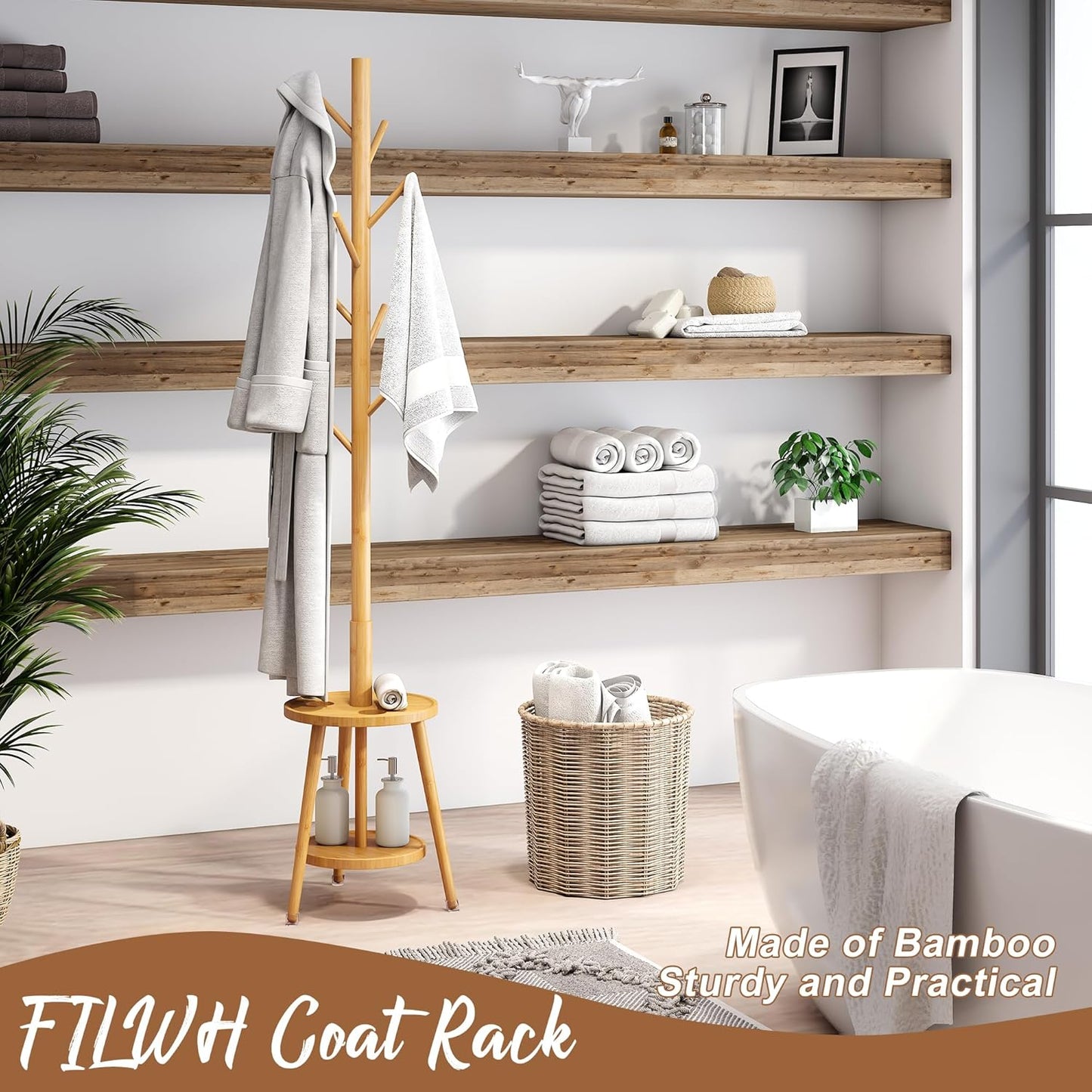 FILWH Freestanding Coat Rack with Umbrella Organizer Tray Bamboo Coat Tree Rack with 8 Hook Stand for Clothes Bag Hats Entryway Hanger Stand(Nature)