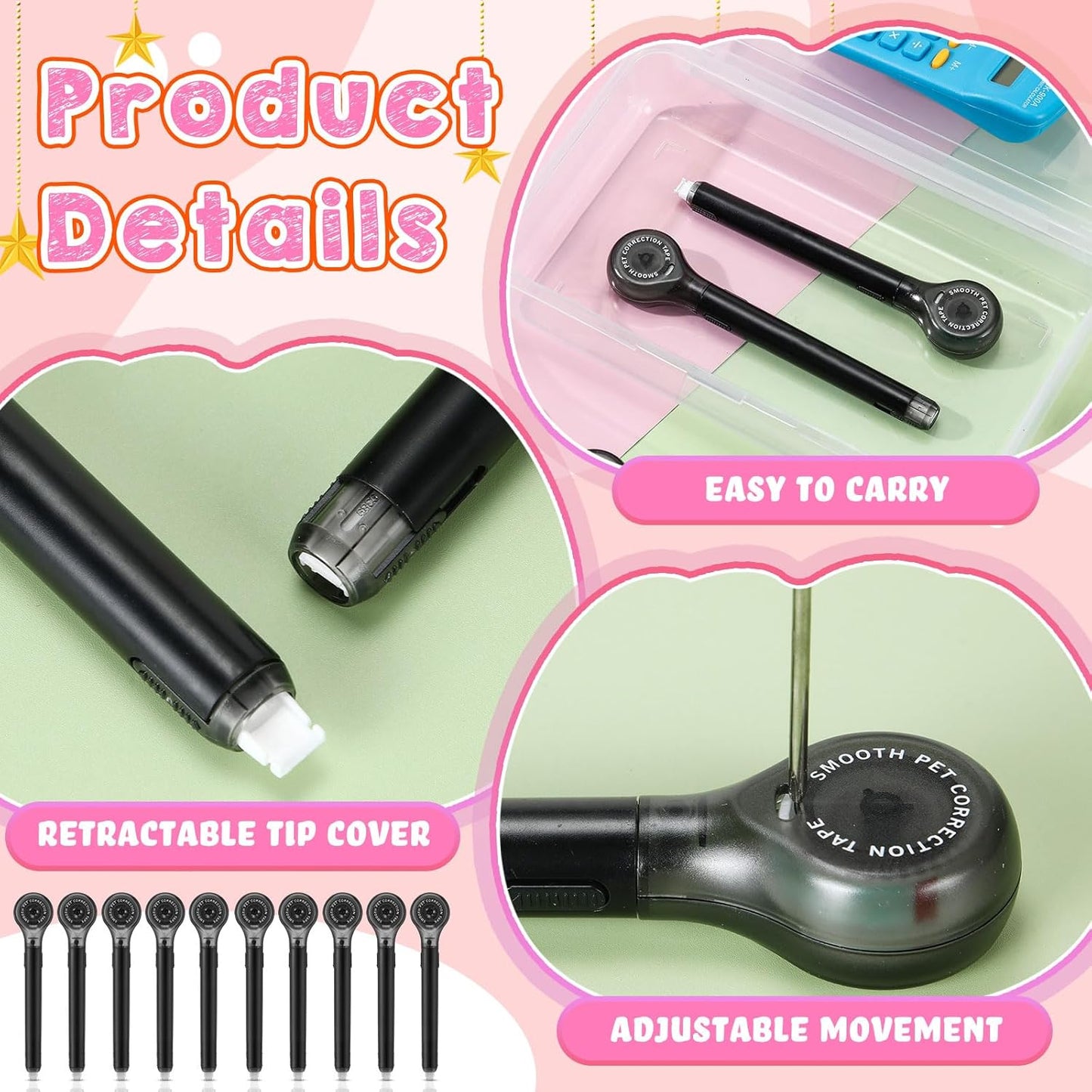 10 Pack Correction Tape Pen Correctional Ink Tape Push Pull Protective, Easy to Use Applicator for School Office Supplies, 0.2 x 236 Inch(Black Color)