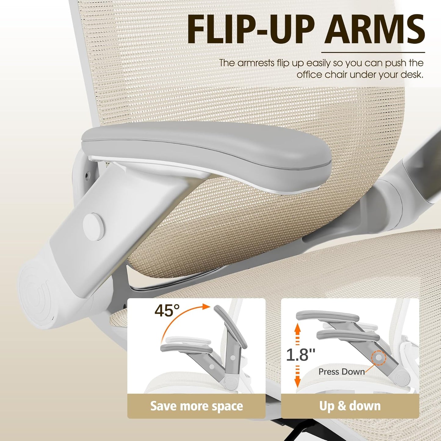 GABRYLLY Ergonomic Office Chair, High Back Home Desk Chair with Headrest, Flip-Up Arms, 90-120° Tilt Lock and Wide Cushion, 400LBS Mesh Chairs for Man Woman, White Task Chair(Beige,GY01WBG)