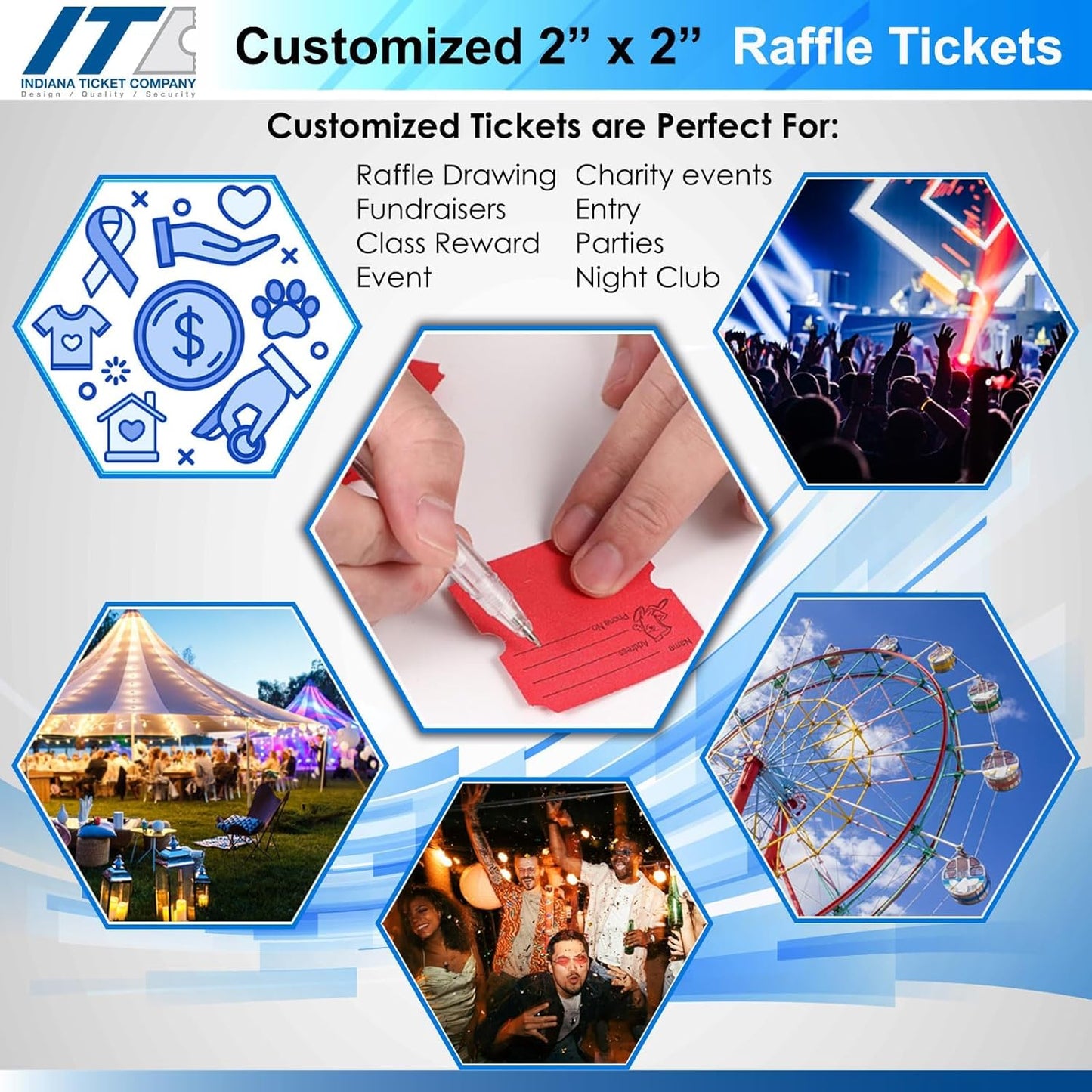 INDIANA TICKET CO. Custom 2"x2" Raffle Roll Tickets – Add Your Events Logo/Text, 50/50 Raffle Tickets, Fundraiser, Classroom Rewards, Entry, Drink Tickets, Prize, Carnival, (8 Colors Selection)