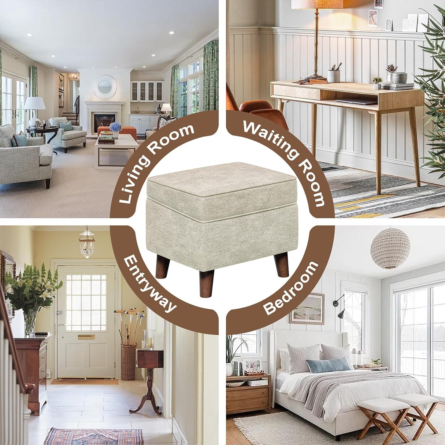 Foot Rest with Adjustable Cover, 18" Storage Ottoman Dorm, Footstool and Sitting Stool, Ottoman Foot Stools for Living Room, Bedroom, Dorm, Beige