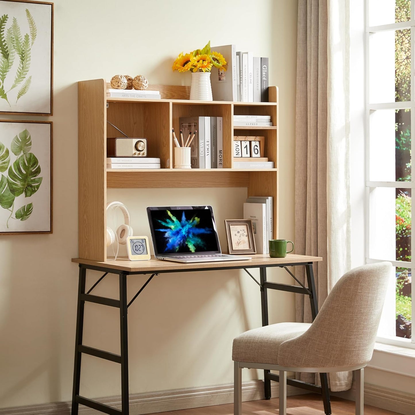 Desktop Bookshelf, Wooden Desk Storage Hutch with 6 Shelves for Computer Desk, 3-Tier Desktop Display Organizer Rack for Office Home (Natural)