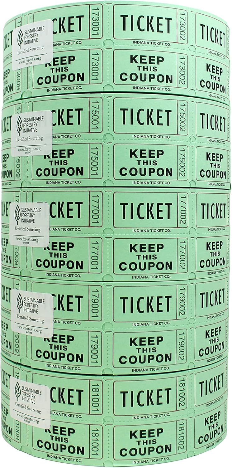 INDIANA TICKET CO. 10,000 Green CONSECUTIVELY Numbered Raffle Ticket Roll. 5 Rolls of 2,000, for Classroom Rewards, Events, Fundraisers, Door Entry, Raffles, Prizes, Drink/Food Tickets, & More
