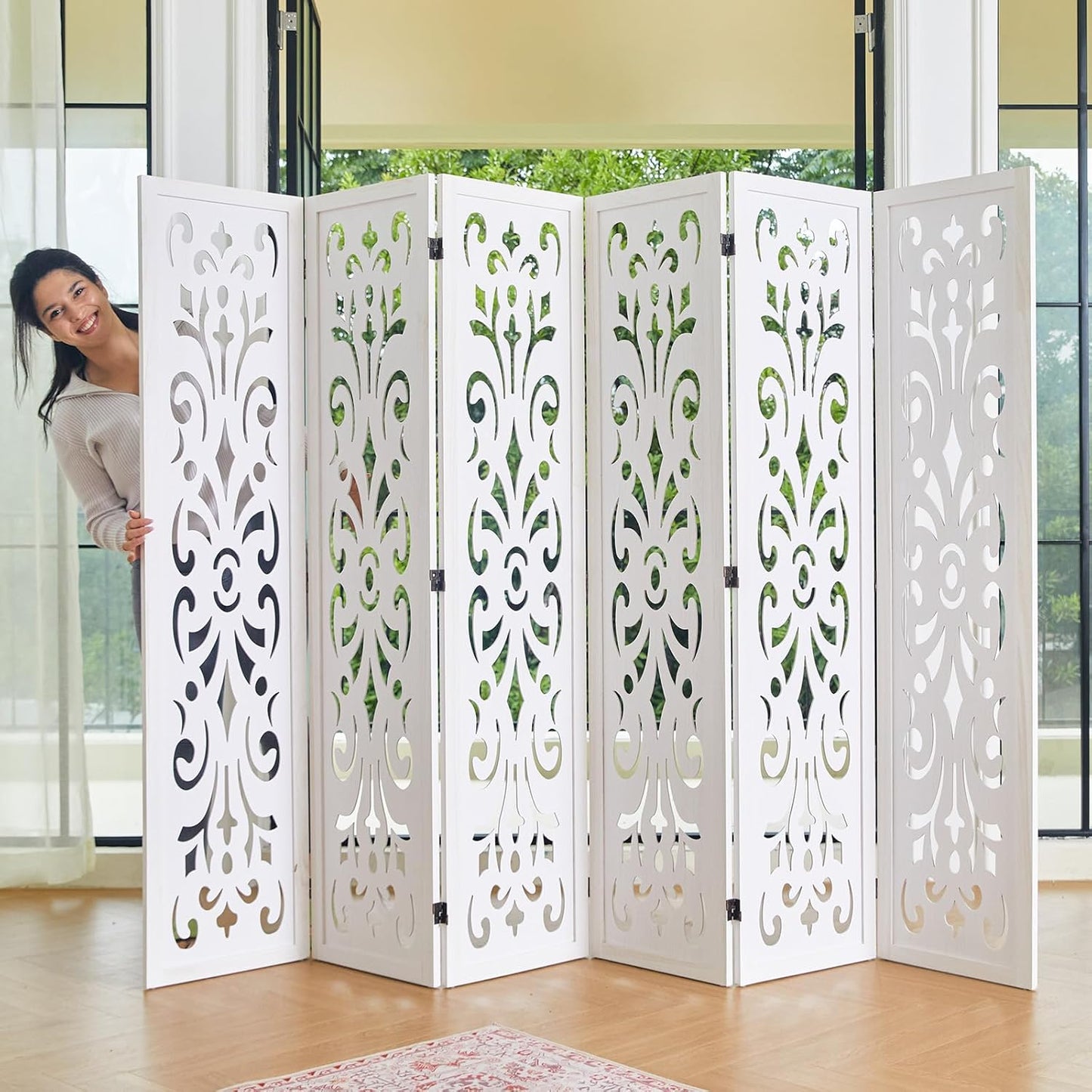 5.6Ft Room Divider Folding Wood Classical Carved Partition Screen for Home Office Garden - 6 Panels (White)