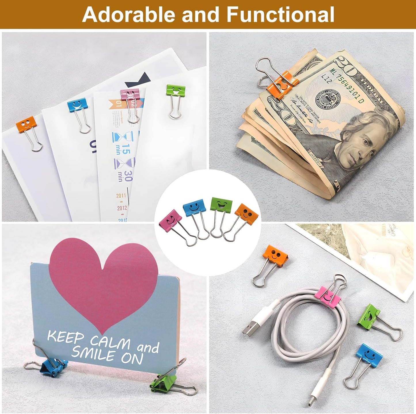 Coideal Smiling Binder Paper Clips - 40 Pcs 19mm Mini Colored Metal Fun Clip Clamps with Cute Smile Face Assorted Color for Office (0.75 inch, Small)
