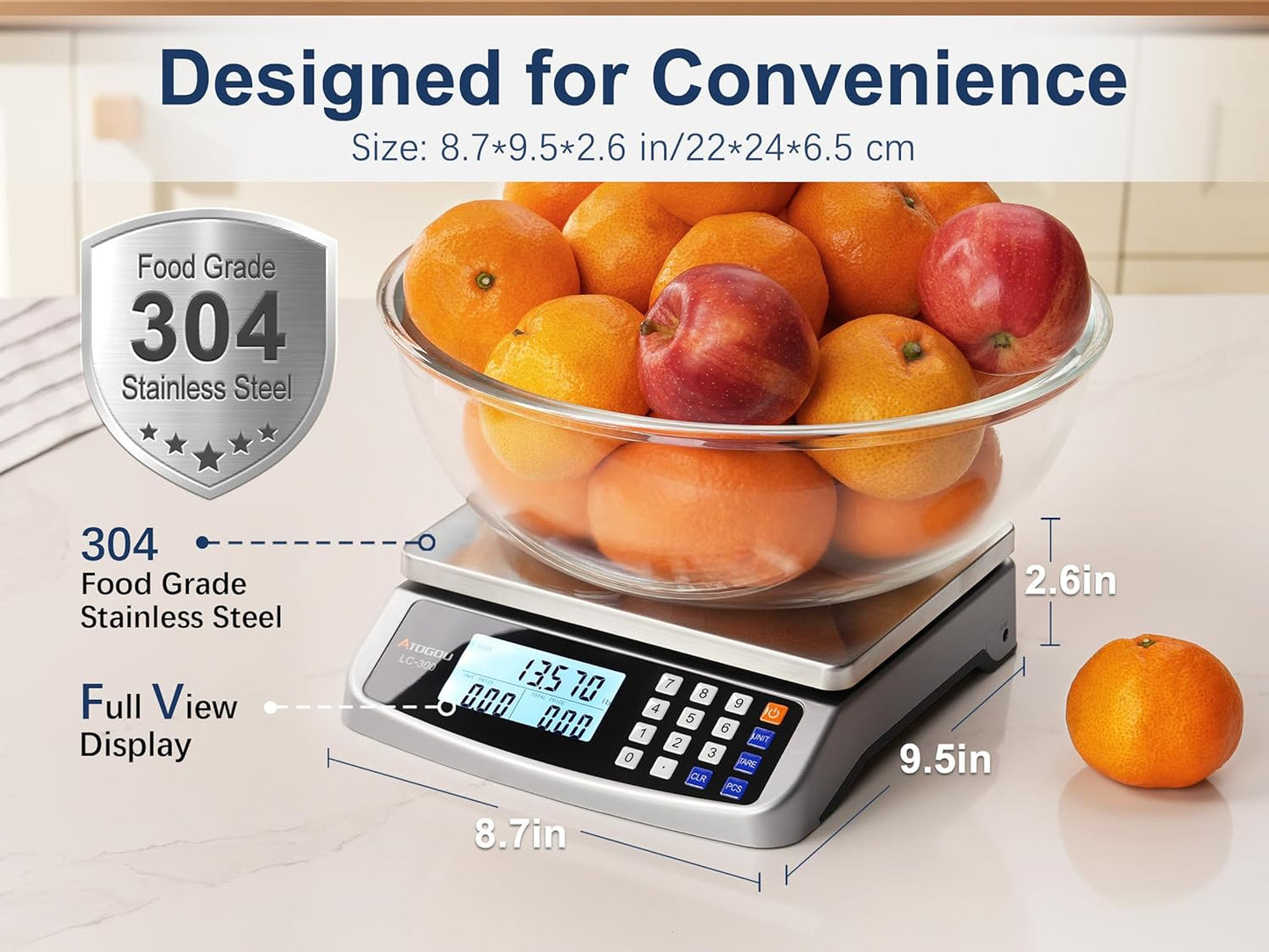 66lb Food Scale, Commercial Kitchen Scale with Price Computing, Plug-in Usable, 0.05oz/1g, 304 Stainless Steel, for Cooking, Vegetables, Farm, Industry, Counting. LC300 Grey