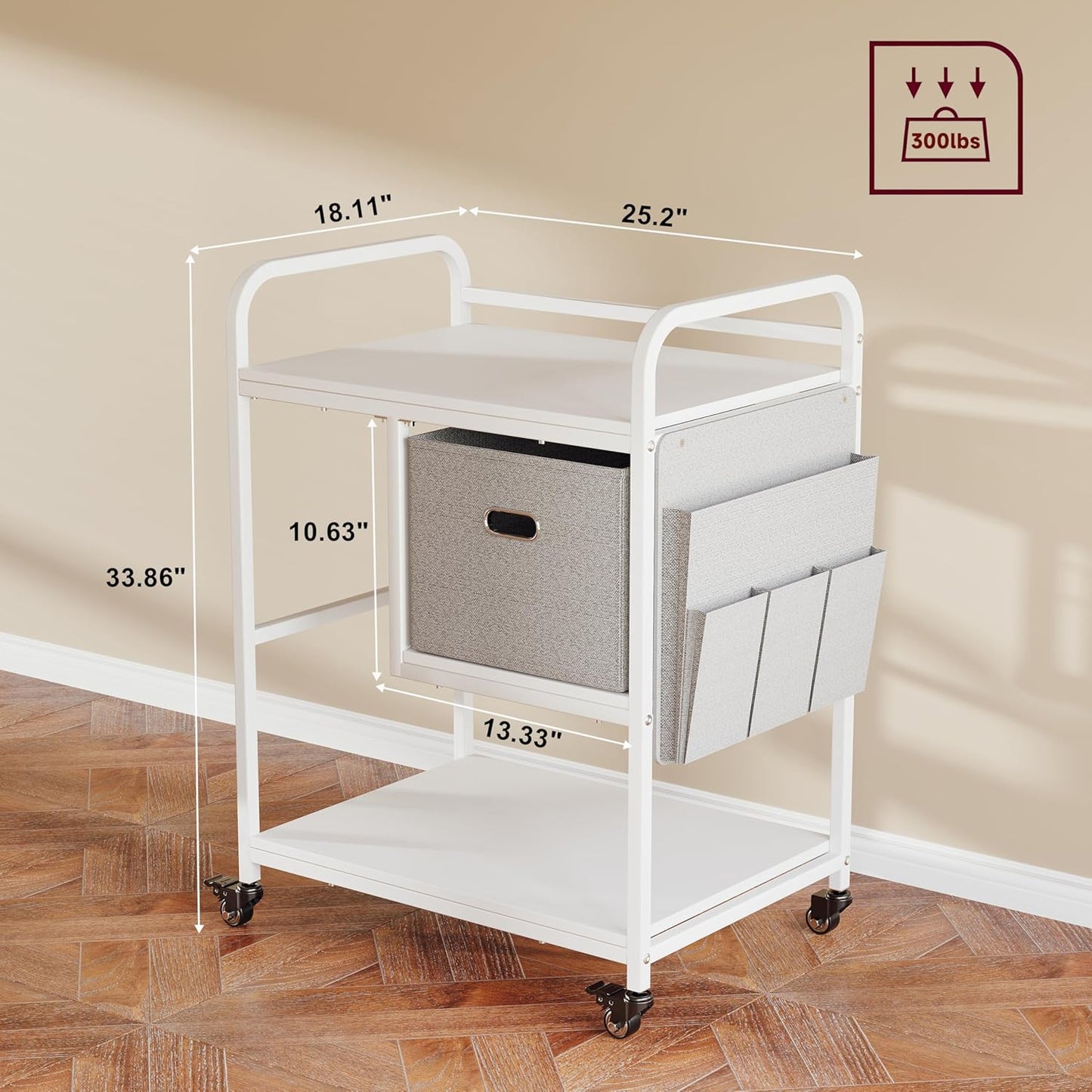 3 Tier Heavy Duty Printer Stand with Storage, Computer Tower Stand with Industrial Wheels & Drawer, Large Mobile Printer Table for Home Office Organization (Pearl White)