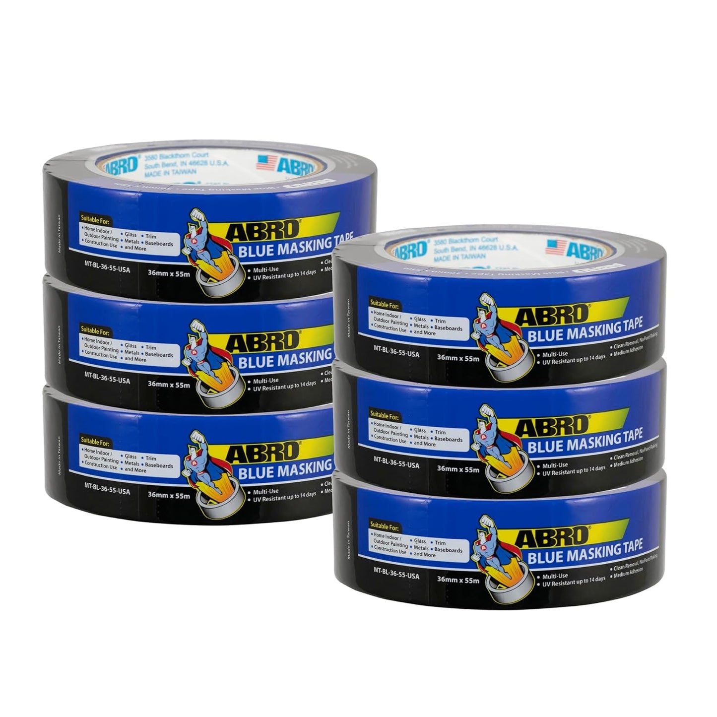 ABRO Blue Painters Tape 1.5 Inch Wide, 36mm x 55M, All Purpose Blue Tape, Temporary Labeling, Easy Tear, Clean Removal, Masking Tape Colored DIY or Pro - 6 Pack