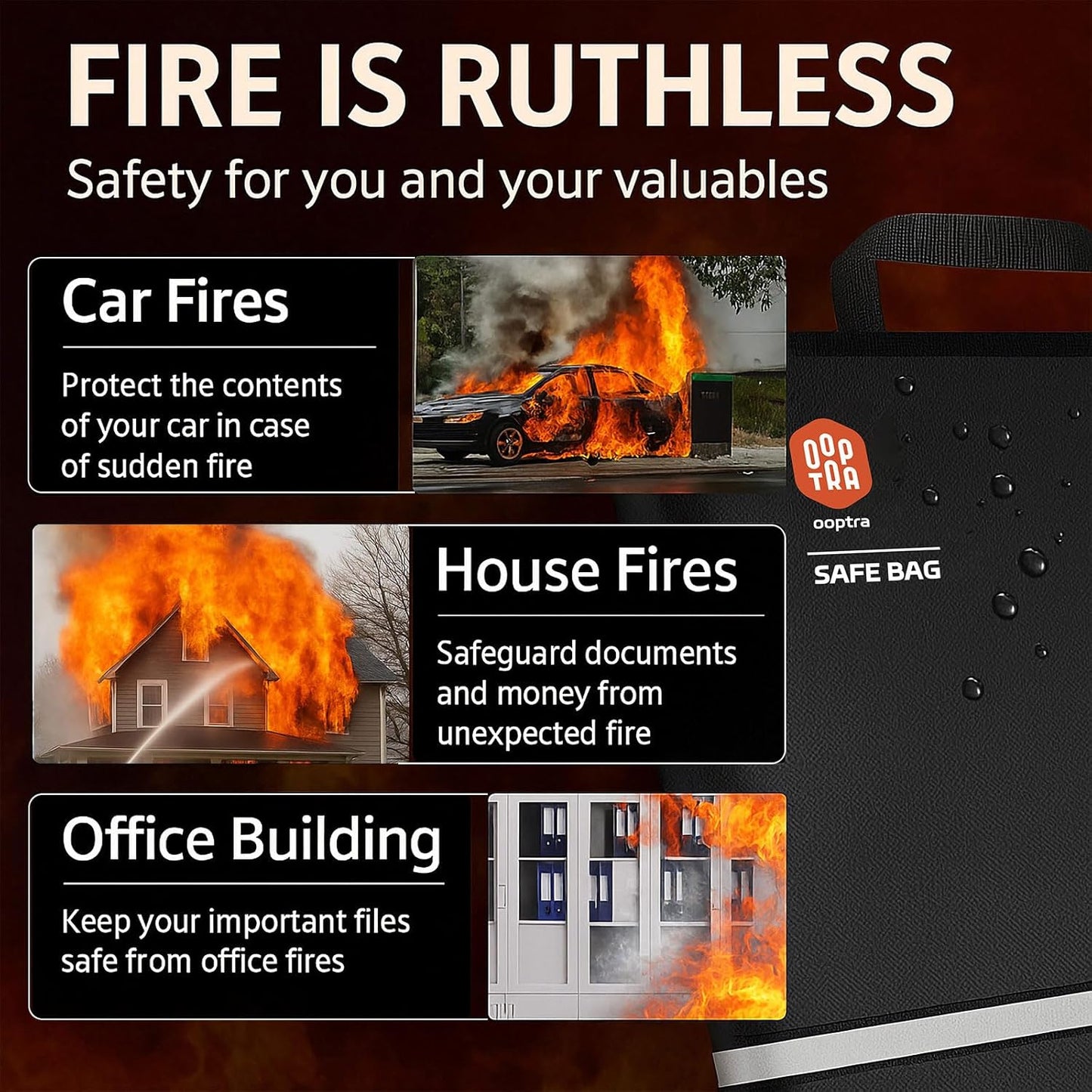 Fireproof Document Bag (Black) – Waterproof Zipper & Lock – for Home, Office & Travel – Holds Files, Cash, Passport, Valuables – Fire & Water Resistant