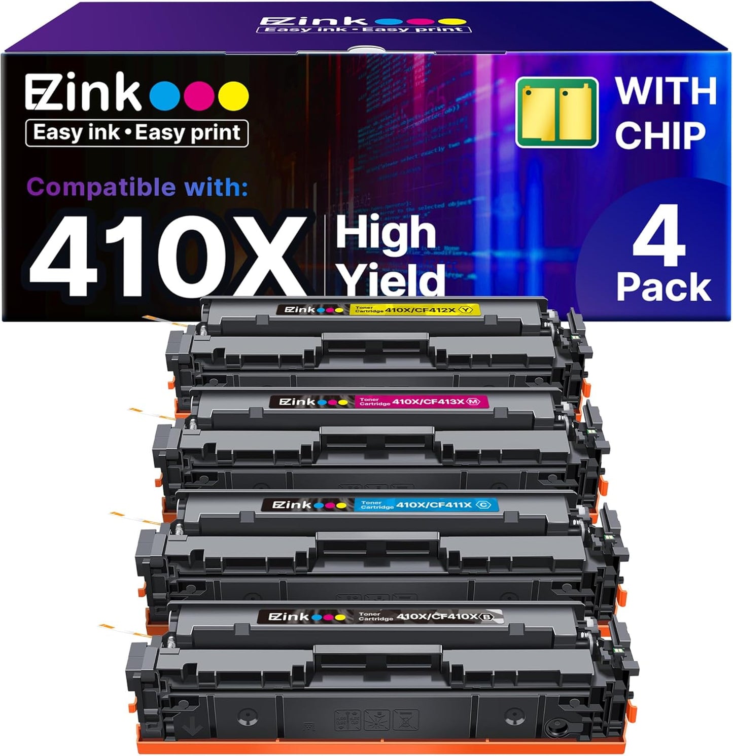 E-Z Ink 410X Toner Cartridges Compatible for HP 410X 410A CF410X CF411X CF412X CF413X to Use with HP Color Laserjet Pro MFP M477fdw M477fdn M477fnw Pro M452dn M452nw M452dw (with Chip -B/C/Y/M)