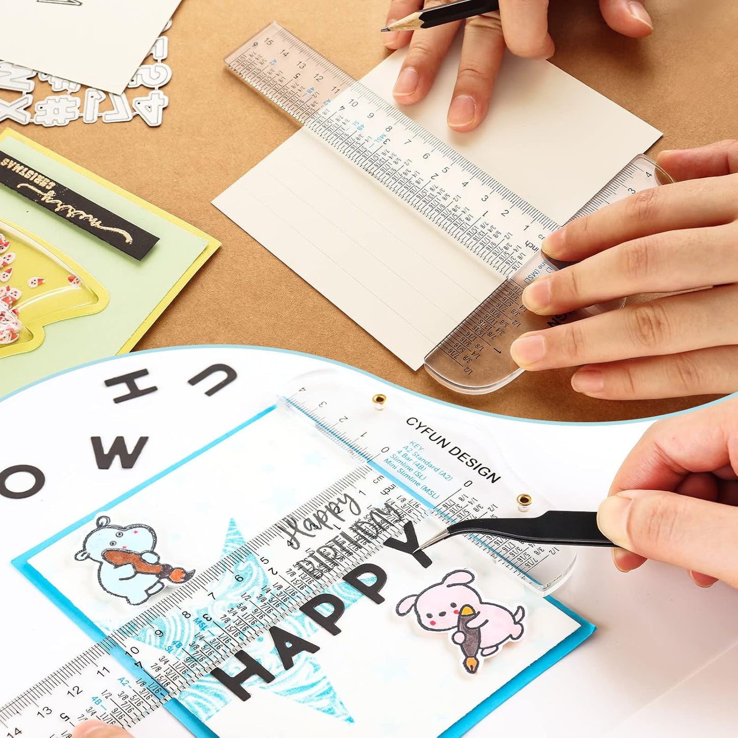 2PCS 6 inch/15cm T-Shape Acrylic Transparent T-Ruler for Drafting and General Layout Work Scrapbooking Drafting Tools Scale Ruler for Crafting Zero-Centering Ruler with Inches & Metric Measuring Tool