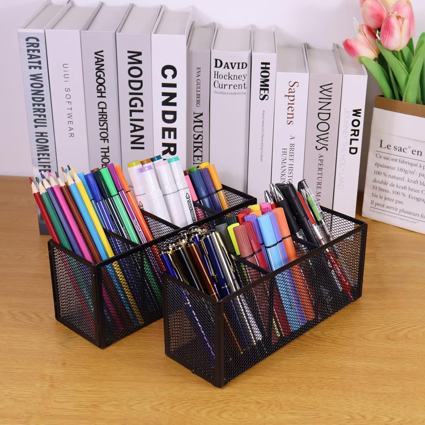 Black Mesh Pen Holder, Metal Desk Organizer Desktop Stationery Office Supplies Acessories Storage Stand, 4 Compartments Pencil Organizer Brushes Holder for Home School Classroom Teachers