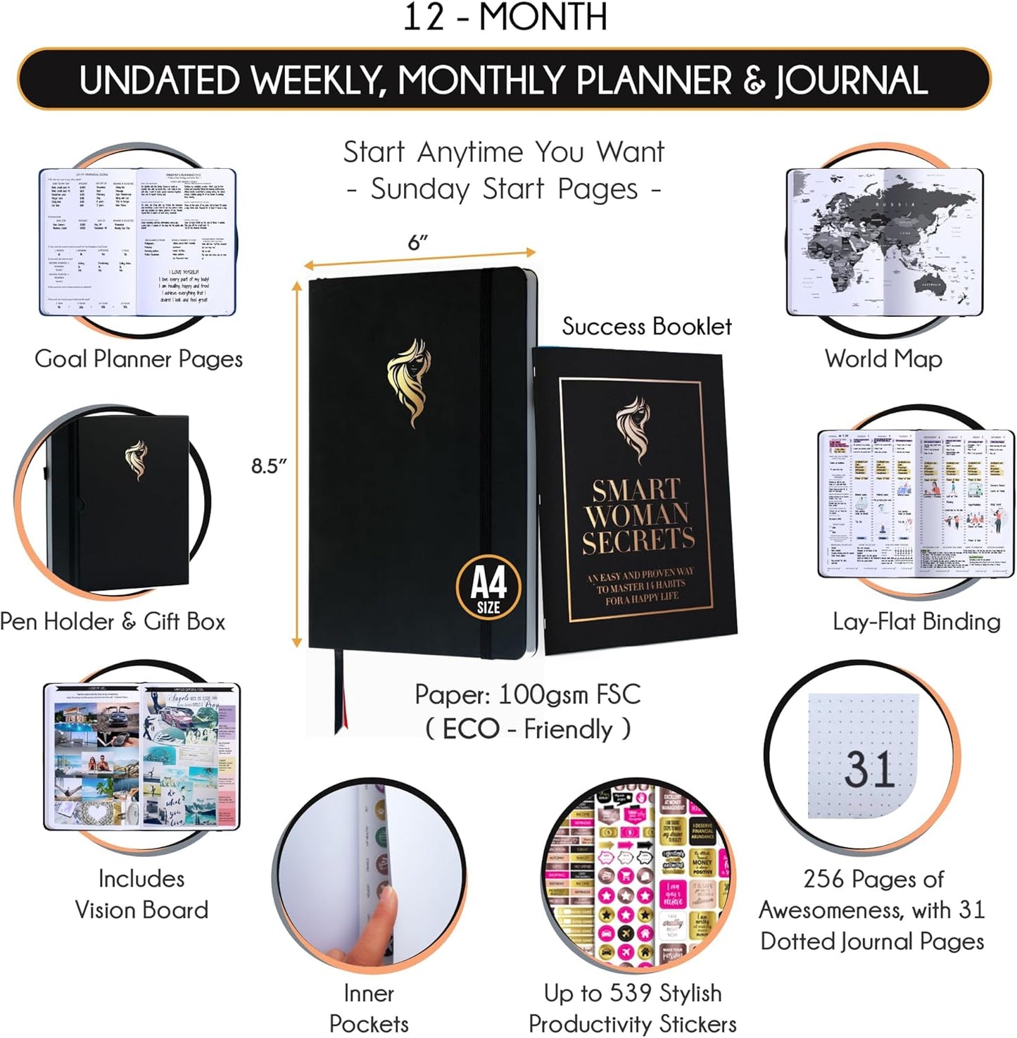 Hourly Planner - Undated Daily, Weekly & Monthly Planner with Budget Section | A 12 Month Journey to Increase Productivity & Happiness | Life Organizer & Gratitude Journal - Vertical Format
