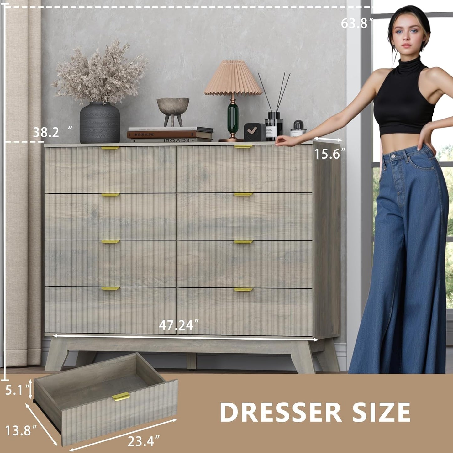 Fluted 8 Drawer Tall Dresser, 47.2" Wide Modern Boho Chest of Drawers, Wooden Storage Dresser TV Stand for Bedroom, Living Room, Closet, Hallway, Curved Profile Design