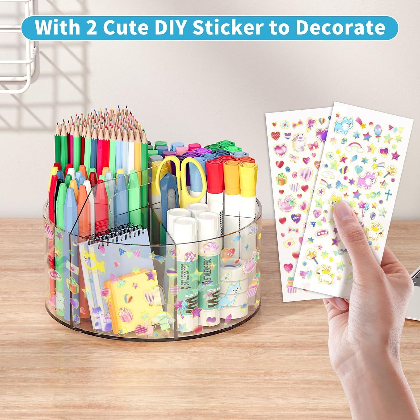 Acrylic Pen Holder with 2 Adhesive DIY Stickers, Desk Organizer Marker Holder with Cute Sticker, 360 Degree Office Supply Organizer Clear Pencil Holder Kid Art Supply Storage Organizer 6 Compartments