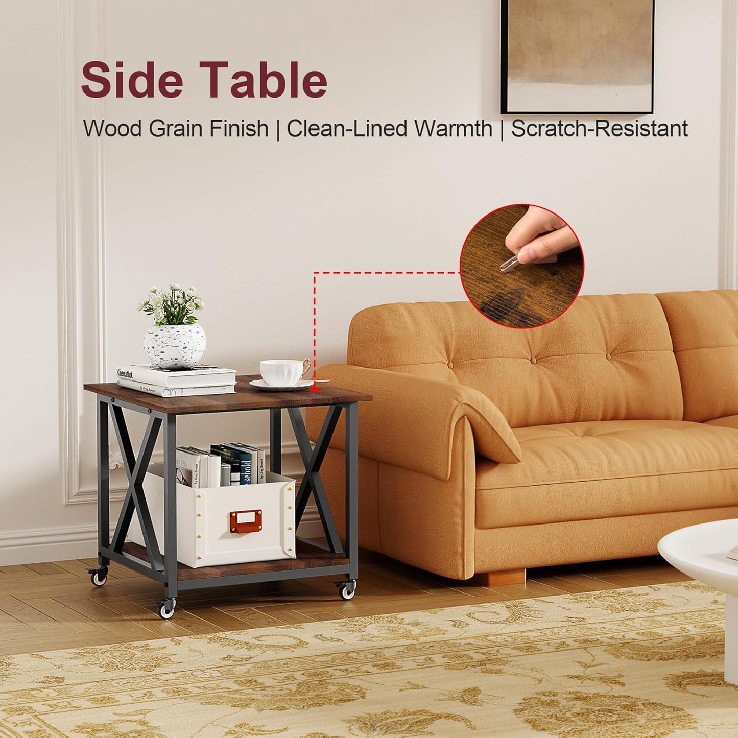 2-Tier Large Printer Stand with Storage Shelf, 23.6 x 23.6 Inches Printer Table, 2-Tier Rolling Cart with Industrial Wheels for Home Office, Mini Fridge, Laser, 3D Printer (Rustic Brown)