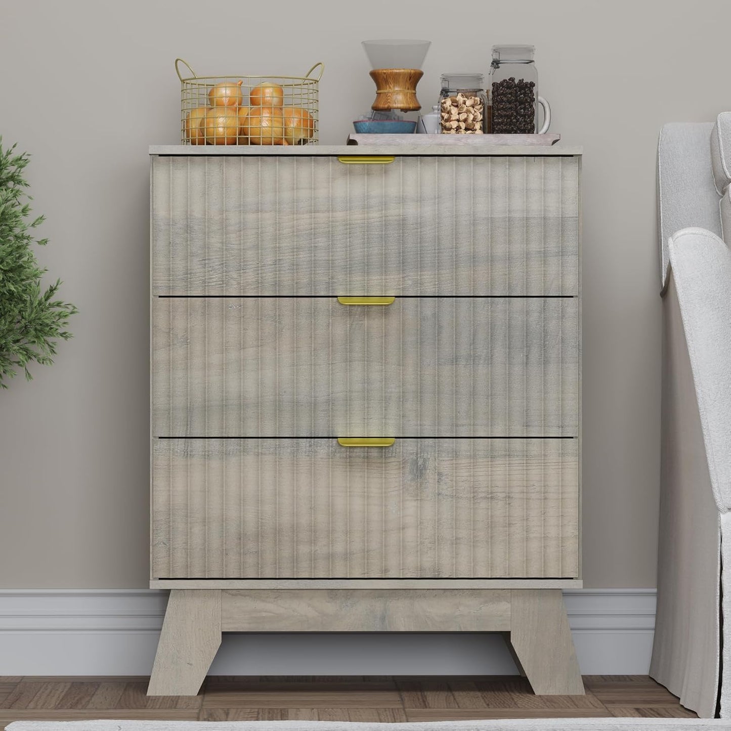 Fluted 3 Drawer Dresser, 30.3" Tall Compact Modern Boho Chest of Drawers, Wooden Storage Cabinet for Bedroom, Living Room, Entryway, Curved Profile Design