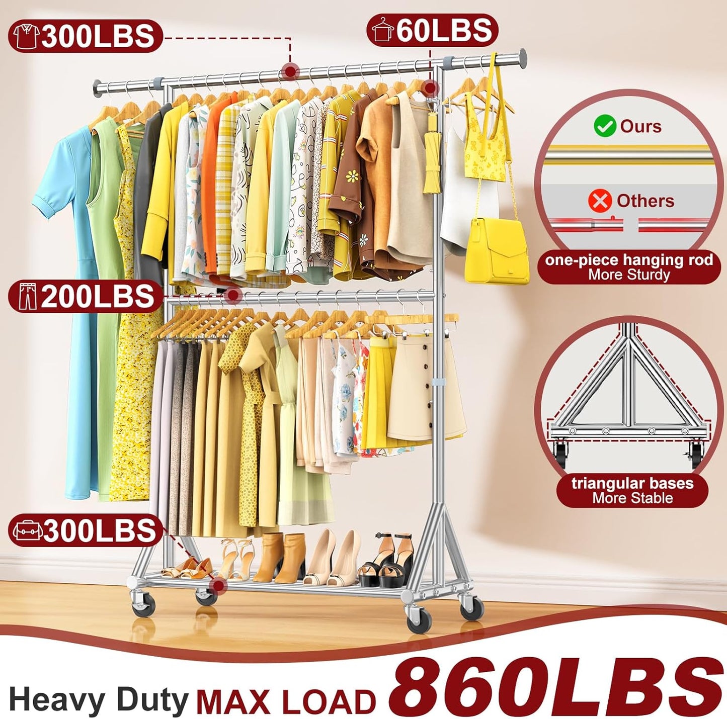 100% Stainless Steel Heavy Duty Clothes Rack Load 860LBS, Rolling Double Rods Clothing Racks for Hanging Clothes, Adjustbale Garment Rack With Sturdy Wheels Shelf, Portable Closet Rack Free Standing