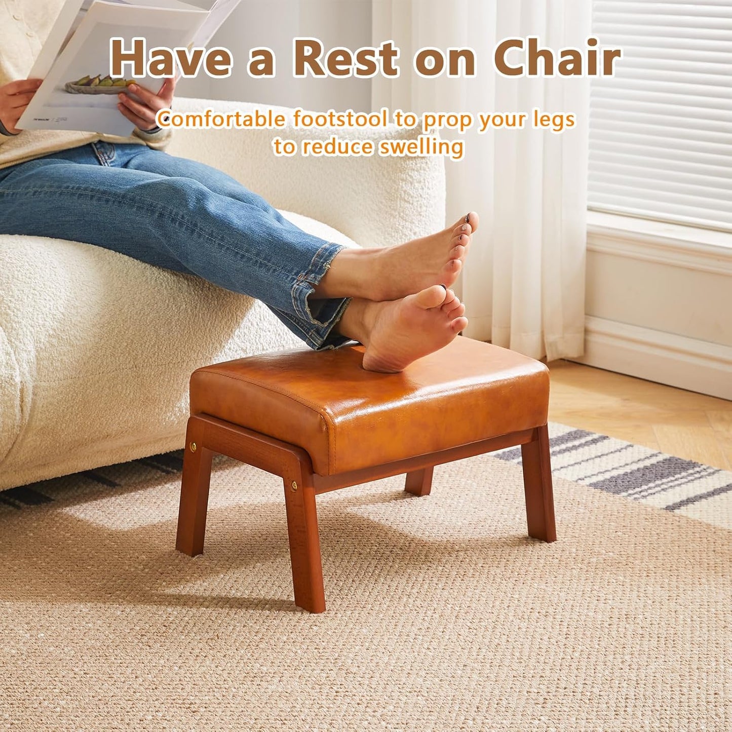 IBUYKE 10.2” H Small Foot Stool Ottoman, Rectangle PU Faux Leather Foot Rest with Padded Seat and Wood Legs, Modern Ottoman Foot Rest for Living Room Bedroom Couch Office, Yellowish-Brown WBD013J