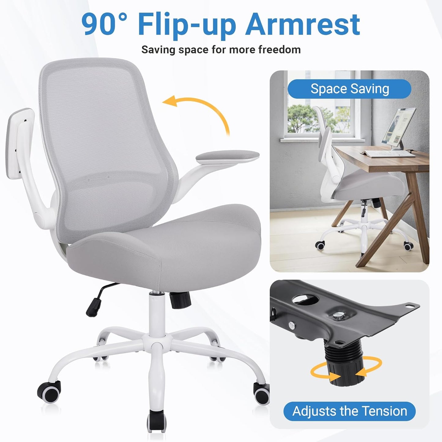 HYLONE Heavy Duty Office Chair, 5" Thickened Seat Ergonomic Desk Chair with Adjustable Armrests, Home Office Computer Chairs for Long Hours Mesh Executive Chair(White Base & Grey)