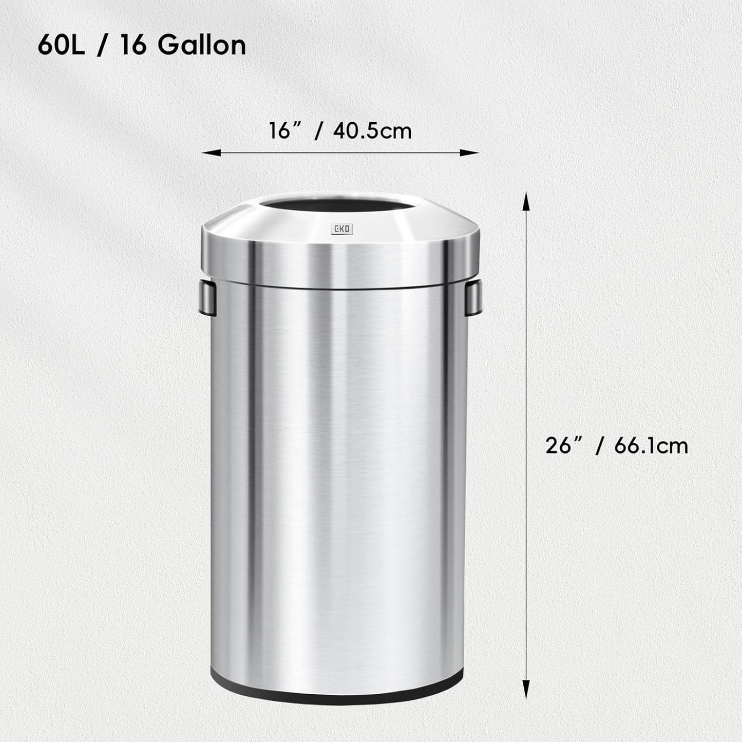 EKO 16-Gallon Round Stainless Steel Open Top Trash Can, Large Commercial Waste Bin with Detachable Lid and Carrying Handle, Brushed Metal Garbage Bin for Home, Office, Restaurant, Restroom