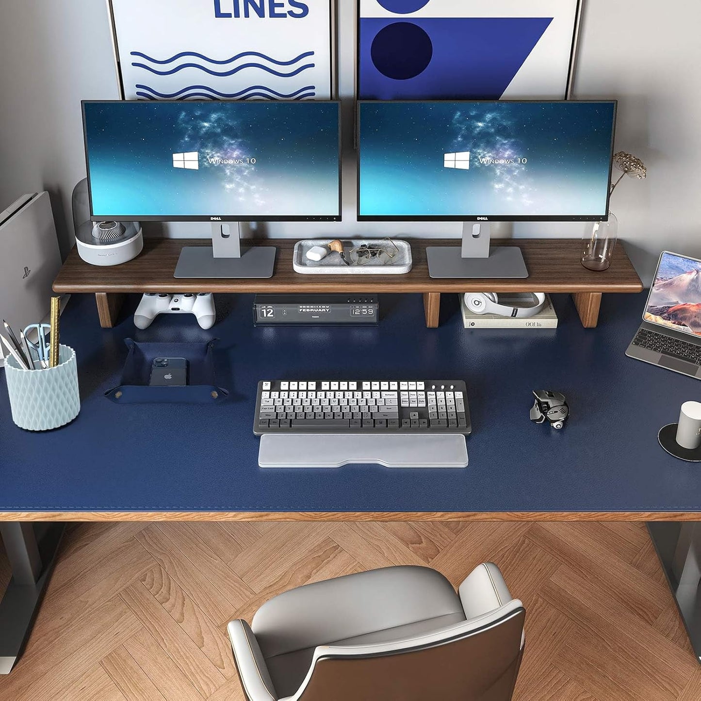 DAWNTREES Dual Sided Desk Mat,Blue Leather Desk Pad,47.2''x23.6'',Cork Desk Mat Protector,120x60cm Extra Large Mouse Pad,with PU Leather Valet Tray Organizer,Desk Writing Pad for Office and Home