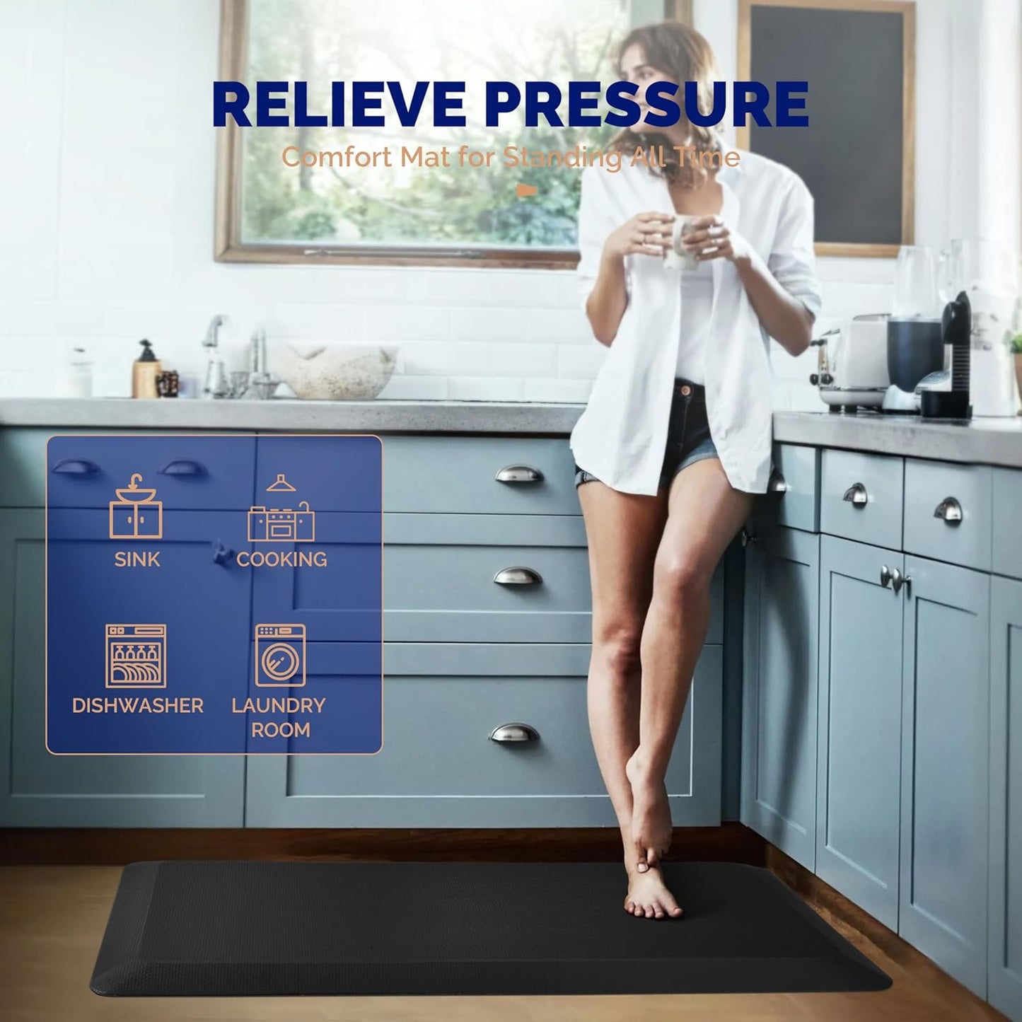 FEATOL Anti Fatigue Mat for Kitchen Floor, 9/10 Inch Thick Anti Fatigue Cushioned Floor Mat, Comfort Memory Foam Standing Padded for Sink, Kitchen, Home (Black, 24x70x9/10-Inch)