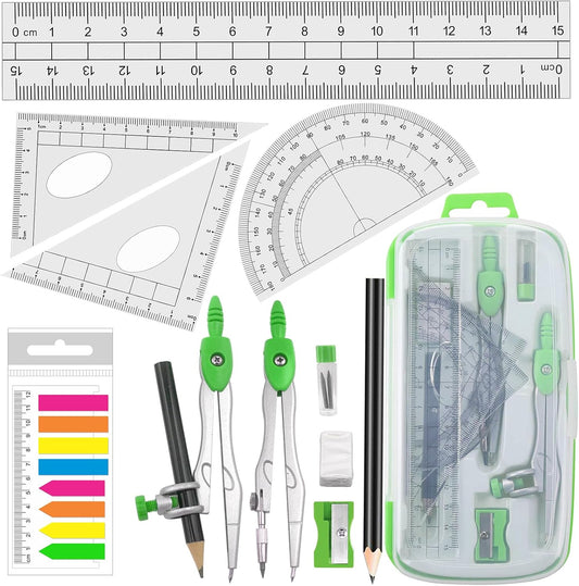 Geometry Compass Kit Starter Maths Set with 2 Drafting Compasses Protractor Set Squares Ruler and More for Students Maths Study, Green