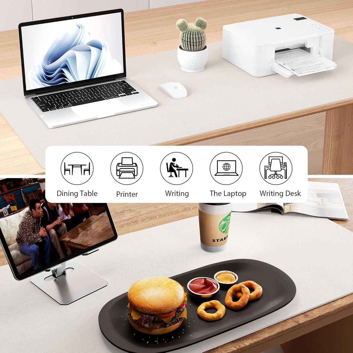 Aothia Dual-Sided Desk Pad - Leather Desk Mat, Natural Cork Desk Pad Protector, Large Mouse Pad for Desk, Waterproof Desk Blotter Pad, Desk Writing Pad for Office Work/Home, Off-White (25.6"x13.7")