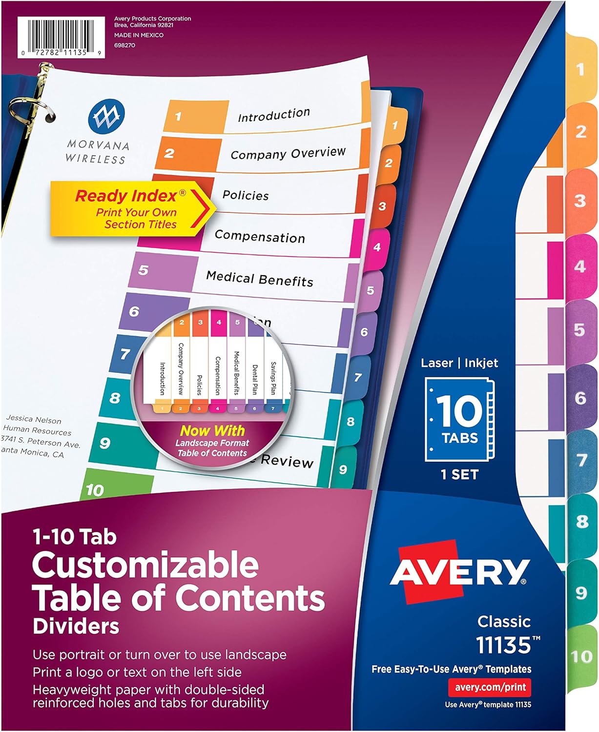 Avery Dividers for 3 Ring Binders, 10 Tabs per Set, Customizable Table of Contents, Multicolor Tabs, Great for Organizing Reports, Projects, and More (11135)
